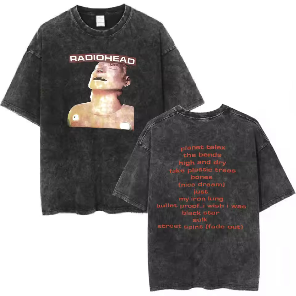 Radiohead Rock Band Washed Cotton T-Shirt – Retro Alternative Rock Graphic Tee, Vintage Distressed Heavyweight Style Unisex Concert Top