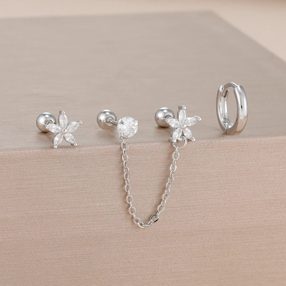 SORI STYLE 3PCS Zircon Flower Ear Stud Earrings — main product shot