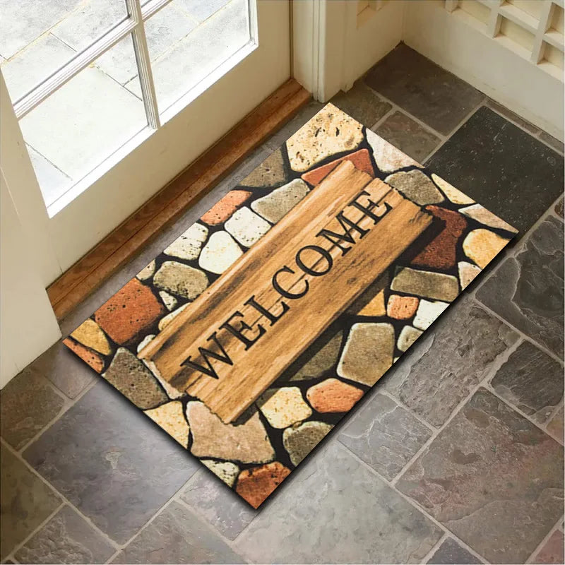 Perfecsy VIKAMA Crystal Velvet Floor Mat Stone Wood Grain Entryway Door Mat Entry Non-Slip Foot Mat Home Decoration Small Car