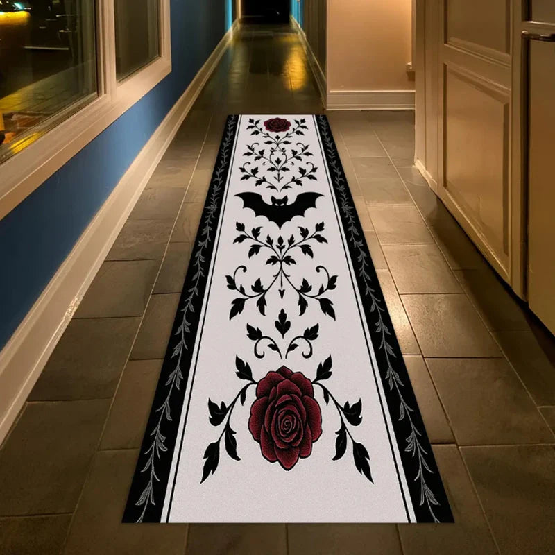 Perfecsy Skull Pattern Gothic Runner Rug Red Black Rose Decor Carpet Soft Non-Slip Art Home Decor Mat for Hallway Living Room