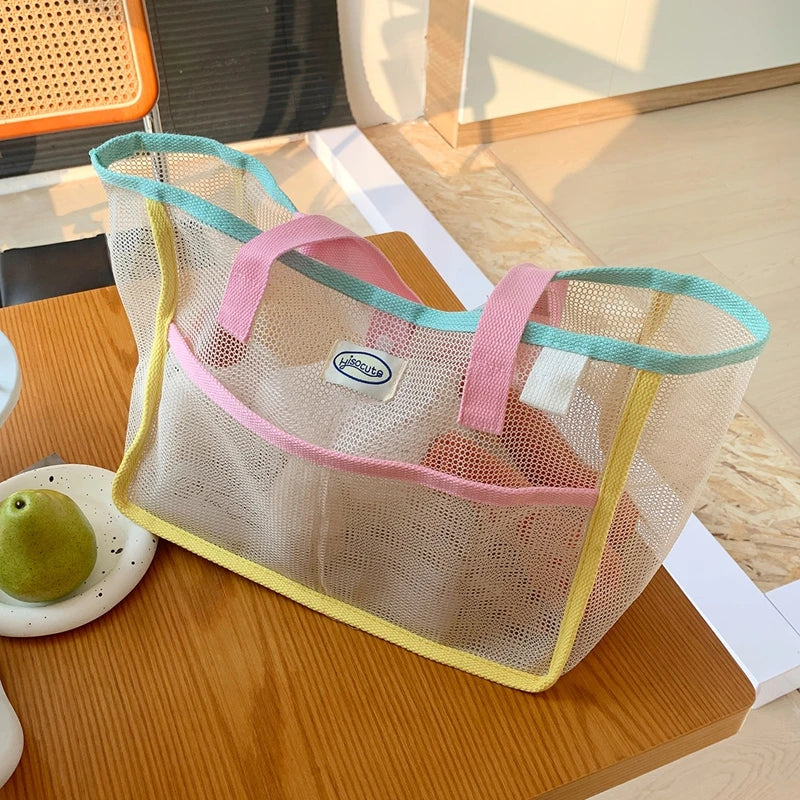 Perfecsy Ladies Summer Transparent Mesh Breathable Handbag Outdoor Beach Shower Handbag Large Capacity Beach Bags Portable Sw