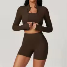 3-Piece Yoga Set Women Long Sleeve Zip Jacket High Waist Leggings