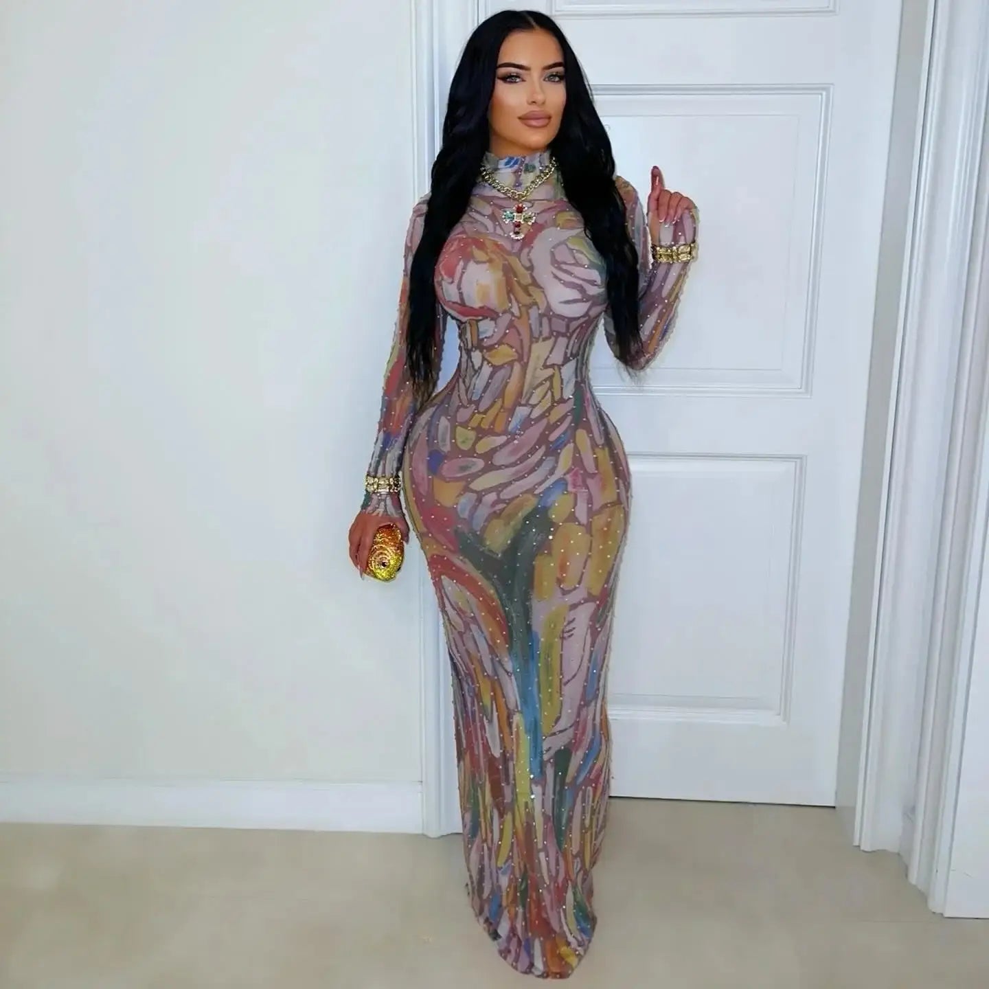 MyClosetAid Long Sleeve Water-Media Net Diamond-Heated Party Gown — lifestyle context