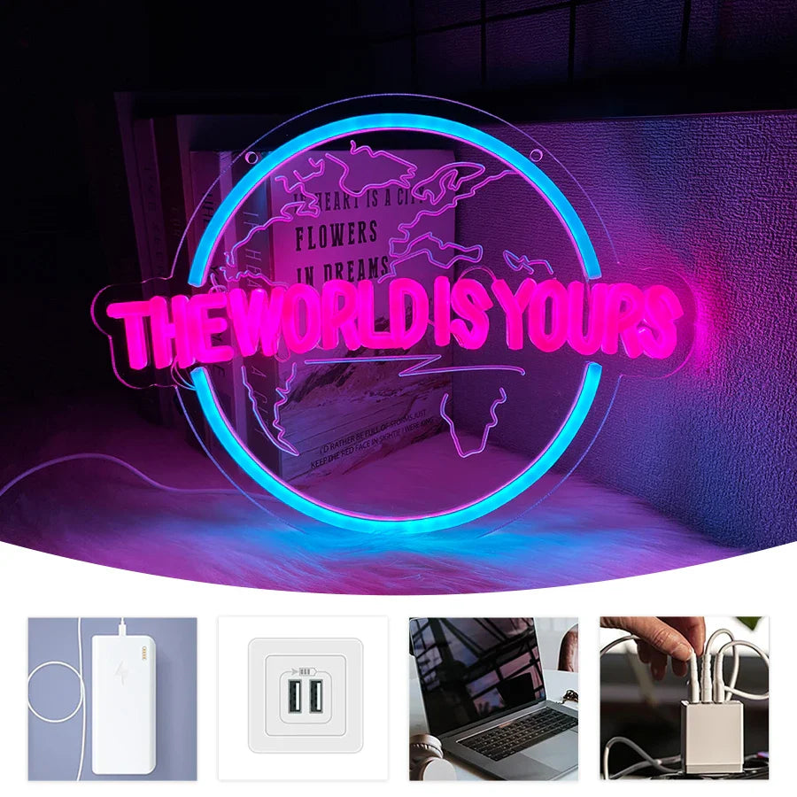 Perfecsy The World Is Yours Led Neon Sign, Earth-Shaped Sign 3D Sculpture, Used For Bedroom, Club And Game Room Decor, Powere