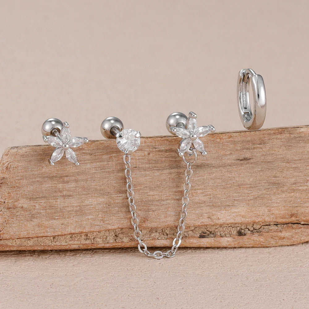 SORI STYLE 3PCS Zircon Flower Ear Stud Earrings — in-use photo