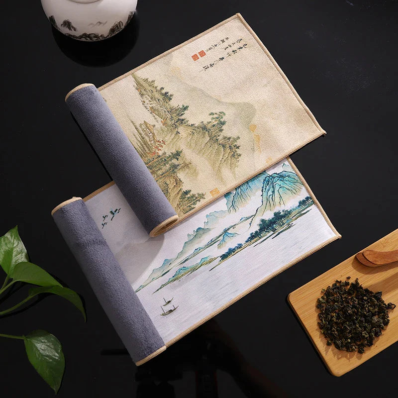 Perfecsy 1pc Chinese Painted Thick Tea Towel Super Absorbent Table Mats Suede Professional Rag Tea Mat Napkin High-end Tea Ac