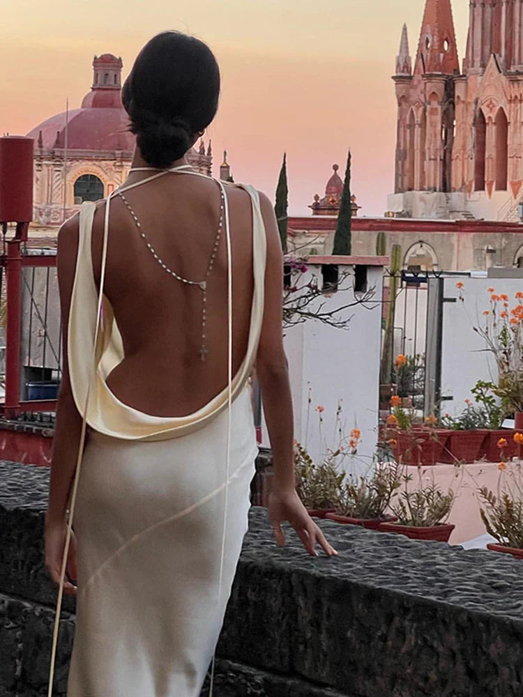 Envy NYC Envy NYC Paris Satin Slip Maxi Dress — Envy NYC branding close-up