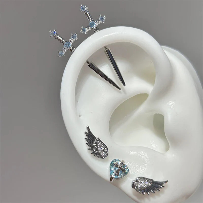 MyClosetAid New Fashion Love Wings Cross Stainless Steel Ear Bone Nail Shiny Zircon Trendy Thread Earring for Women Body Pier