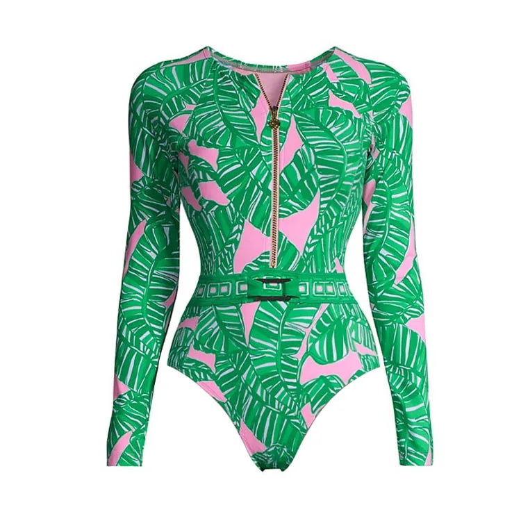 WAVECHO Women's Long Sleeve Zip Front One Piece Swimsuit Floral