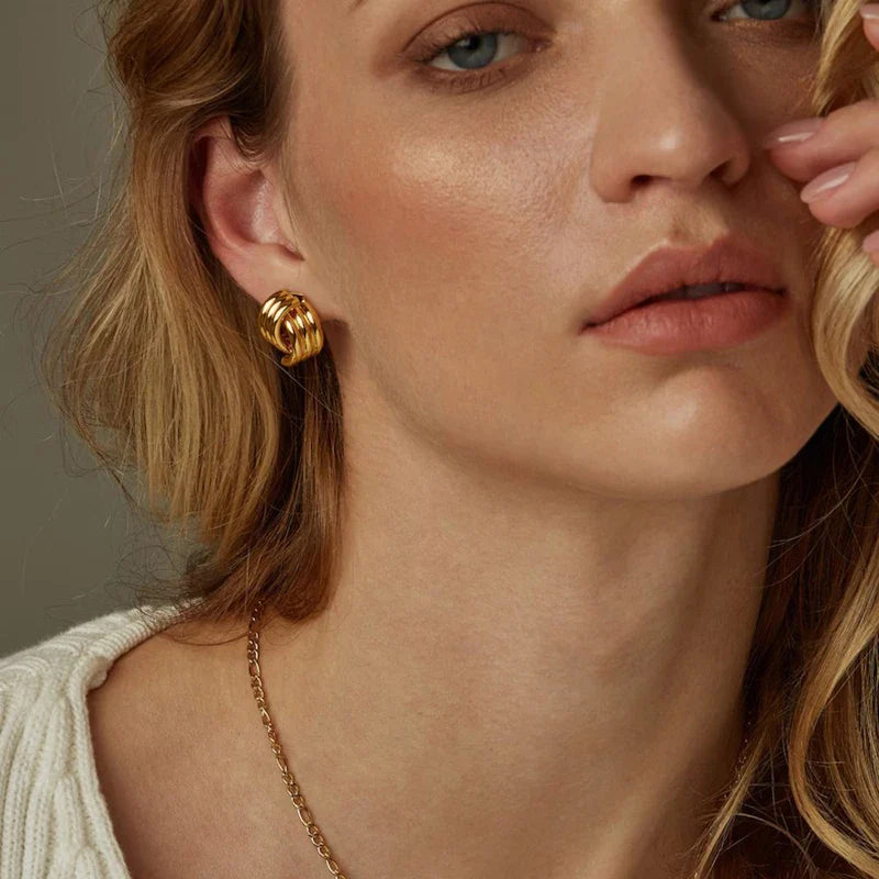 SORI STYLE Three-Layer Textured Knot Earrings for Women — side view