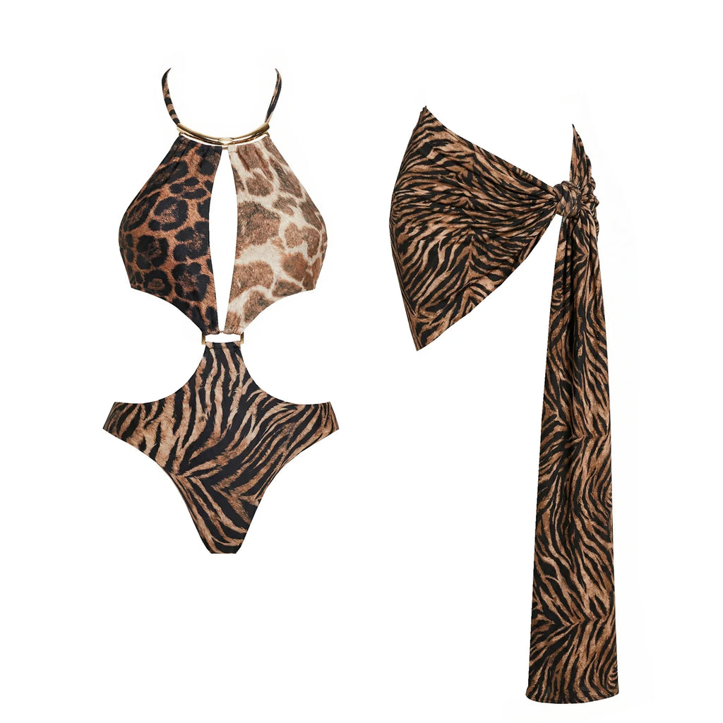 Women's 2 Piece Halter Bikini Set Printed Push Up Swimsuit With Mini Skirt