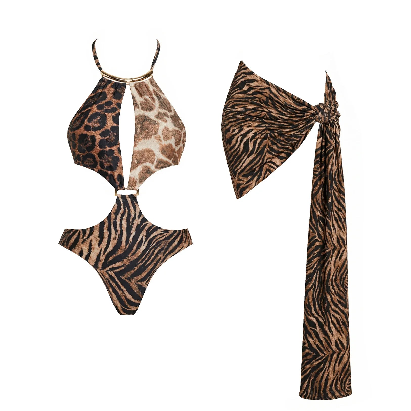 Women's 2 Piece Halter Bikini Set Printed Push Up Swimsuit With Mini Skirt