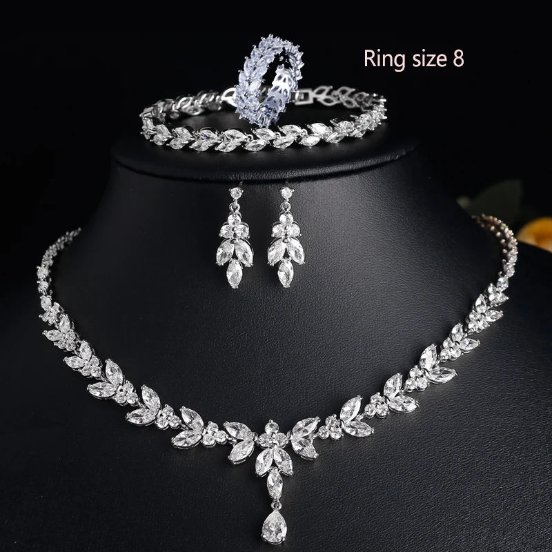Brilliant Zirconia Leaf Necklace, Earrings & Bracelet Set
