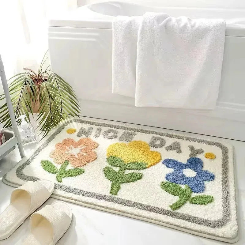 Perfecsy VIKAMA | Fresh Floral Imitation Cashmere Rug - Non-Slip, Absorbent Bathroom Mat/Living Room Doormat/Multi-Purpose Fo