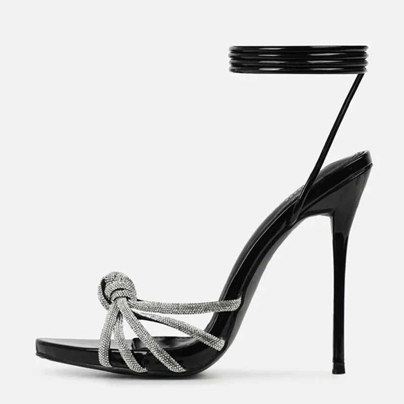 MyClosetAid Open Toe Silver Crystal Band Platform High Heels — side view