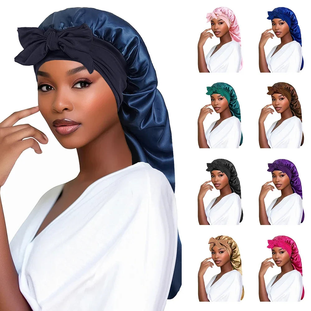 Perfecsy Women Bonnet Satin Sleeping Hat Long Tail Braid Hair Night Sleep Cap Head Cover Bonnets Shower Caps for Sauna Bathin