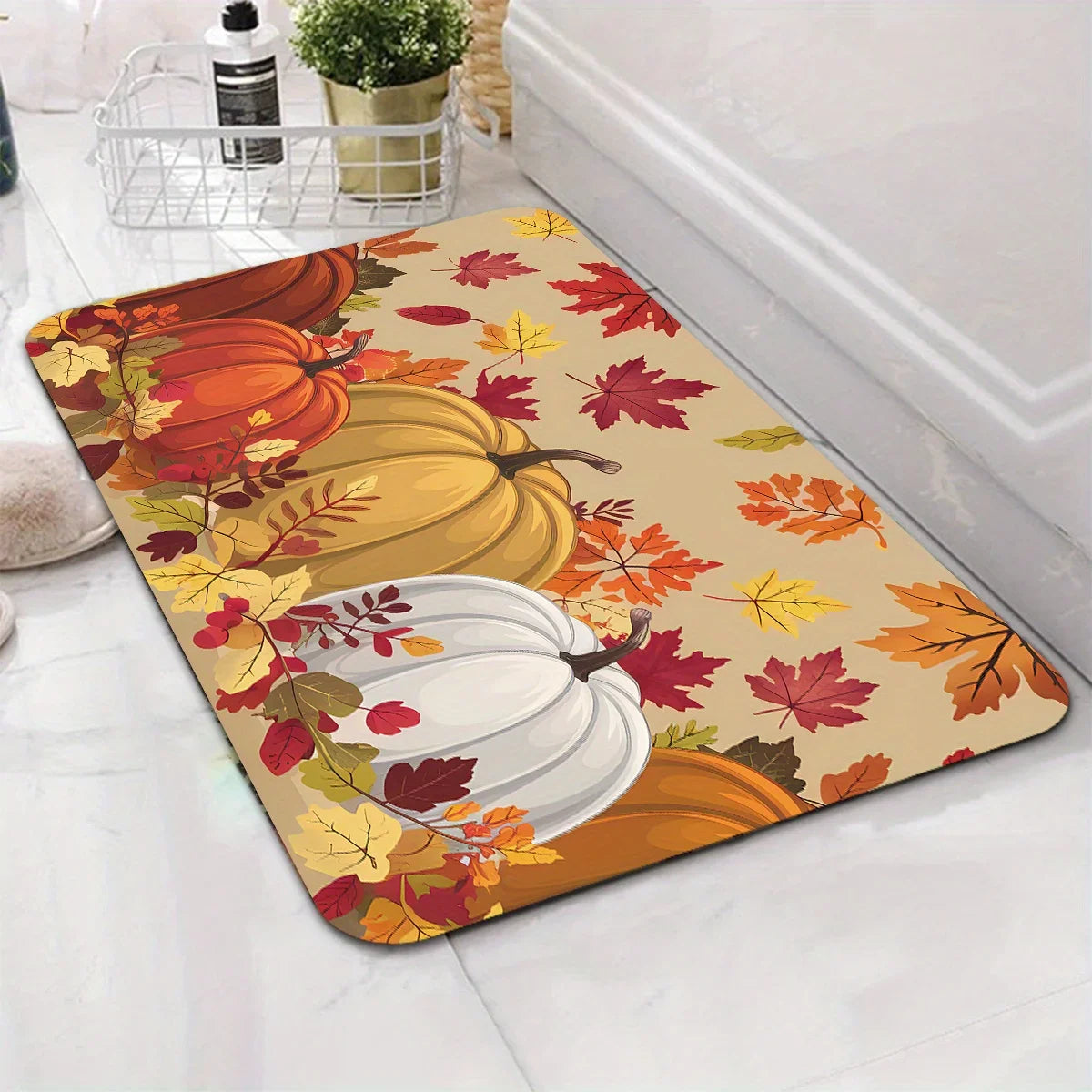 Perfecsy VIKAMA Thanksgiving Carpet Pumpkin Maple Leaf Carpet Kitchen Rug Long Carpet Doormat Living Room Bedroom Sofa Soft F