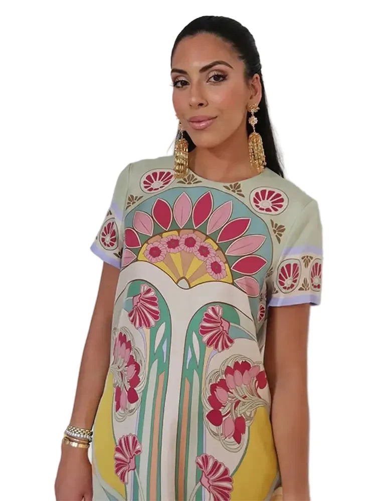 Women Art Floral Print Maxi Dress Short Sleeve Crew Neck