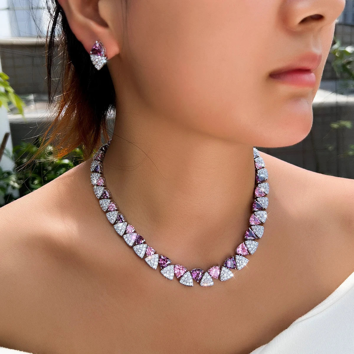 MyClosetAid Pink Purple Triangle CZ Crystal Necklace Earring Set — lifestyle context