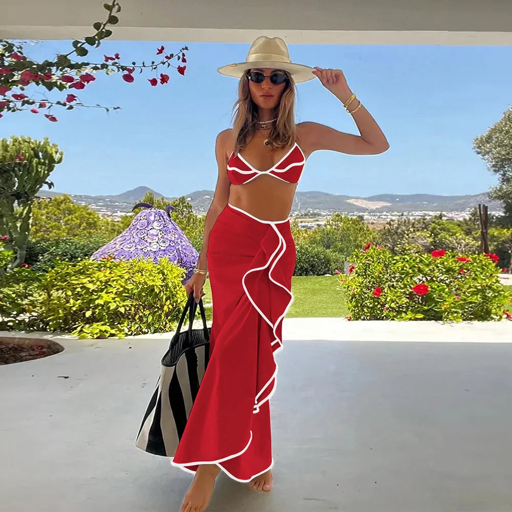Women's 3 Piece Micro Bikini Set With Long Skirt Beachwear Cover Up