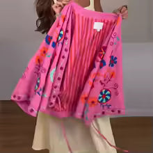 Women's V-Neck Lace Up Flare Cardigan Embroidered Pink