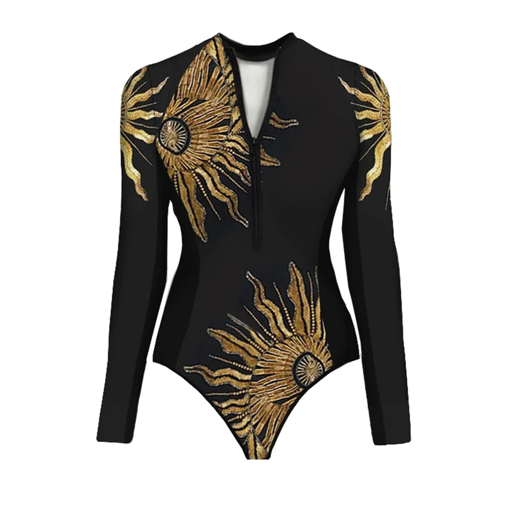 WAVECHO Women's Long Sleeve Zip Front One Piece Swimsuit Floral