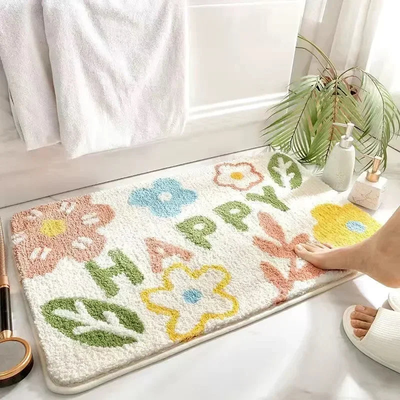 Perfecsy VIKAMA | Fresh Floral Imitation Cashmere Rug - Non-Slip, Absorbent Bathroom Mat/Living Room Doormat/Multi-Purpose Fo