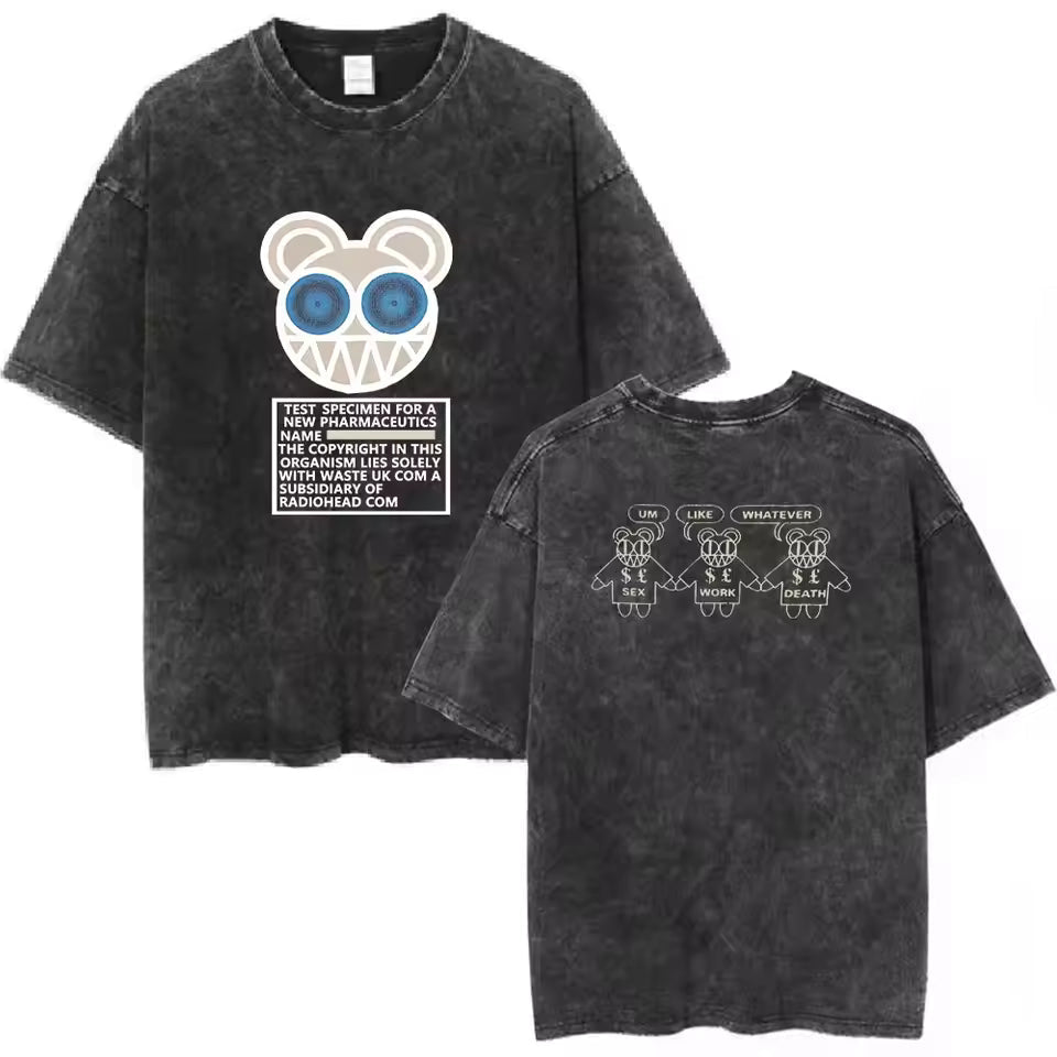 Radiohead Rock Band Washed Cotton T-Shirt – Retro Alternative Rock Graphic Tee, Vintage Distressed Heavyweight Style Unisex Concert Top