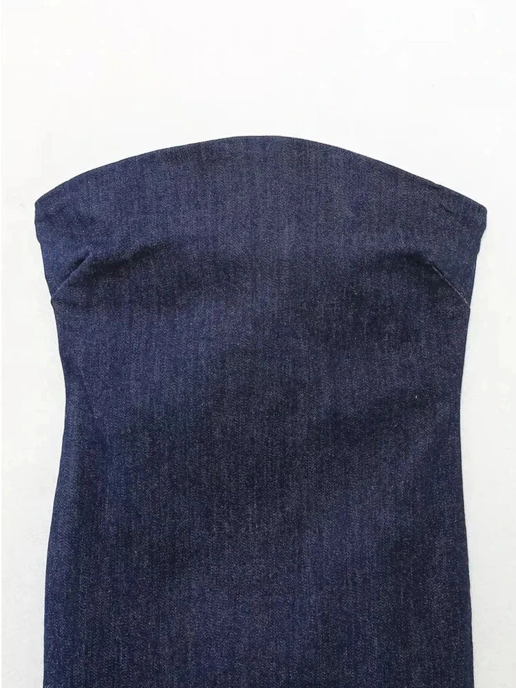 Envy NYC Envy NYC Denim Strapless Stretch Dress — Envy NYC branding close-up
