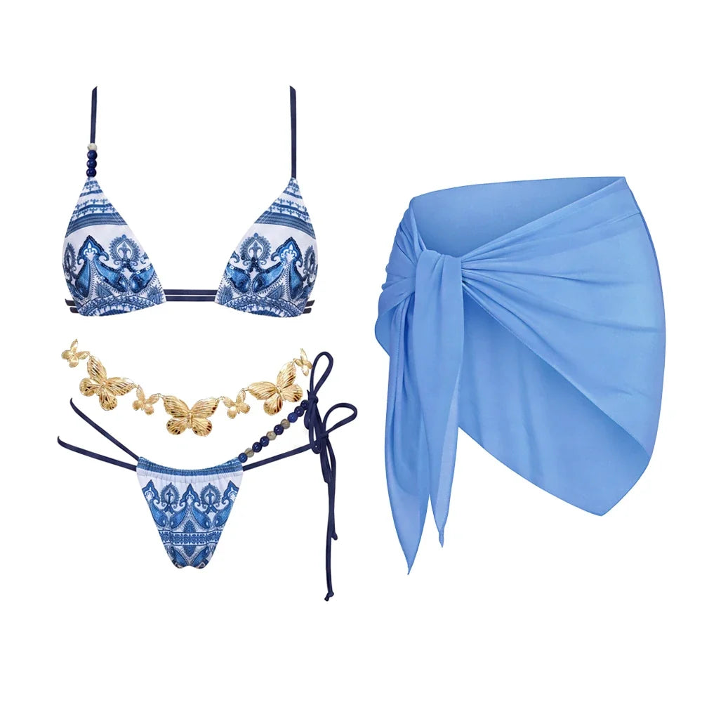 Beaded Print Halter Bikini Set High Leg Low Waist