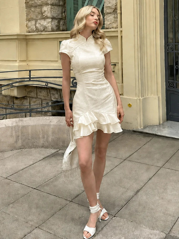 Women's Ruffled Elegant Party Dress Short Sleeve Patchwork Slim Printed High Waist