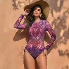 Women's Two Piece Long Sleeve Mesh Swimsuit UPF 50+ Padded Beachwear
