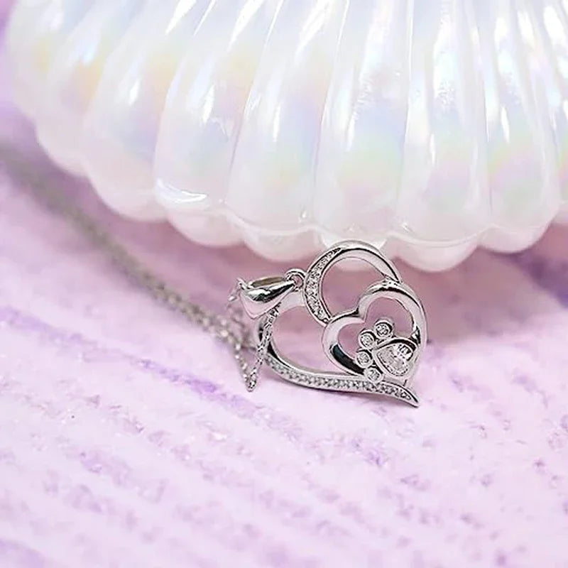 SORI STYLE Elegant Paw Shaped Double Heart CZ Pendant Necklace — side view