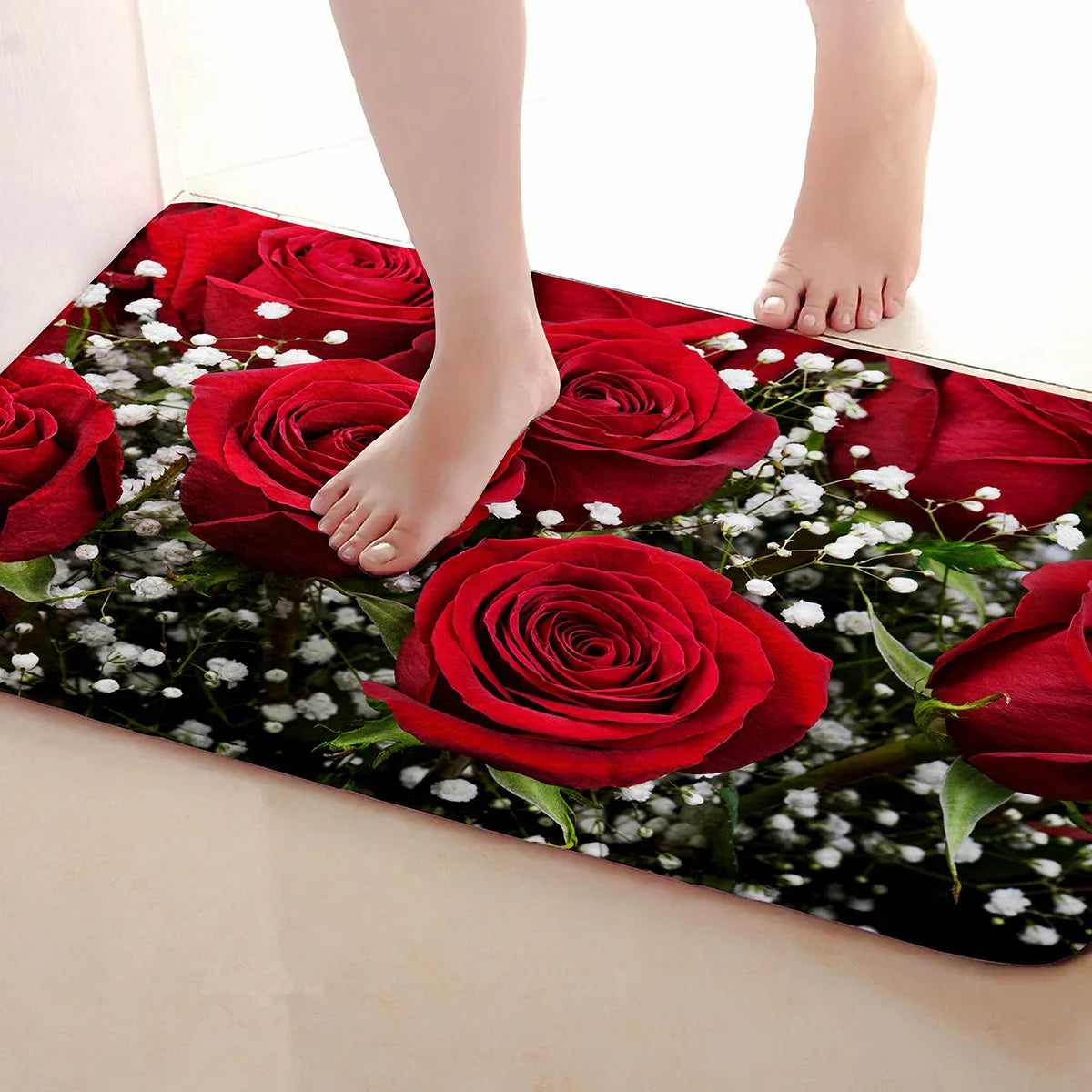 Perfecsy VIKAMA 1/2pc Valentine's Day Romantic Rose Print Rug, Non-Slip, Dirt-Proof. For Kitchen, Bathroom, Entrance Home Dec