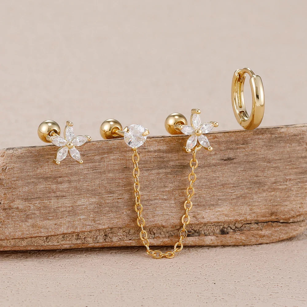 SORI STYLE 3PCS Zircon Flower Ear Stud Earrings — alternative angle