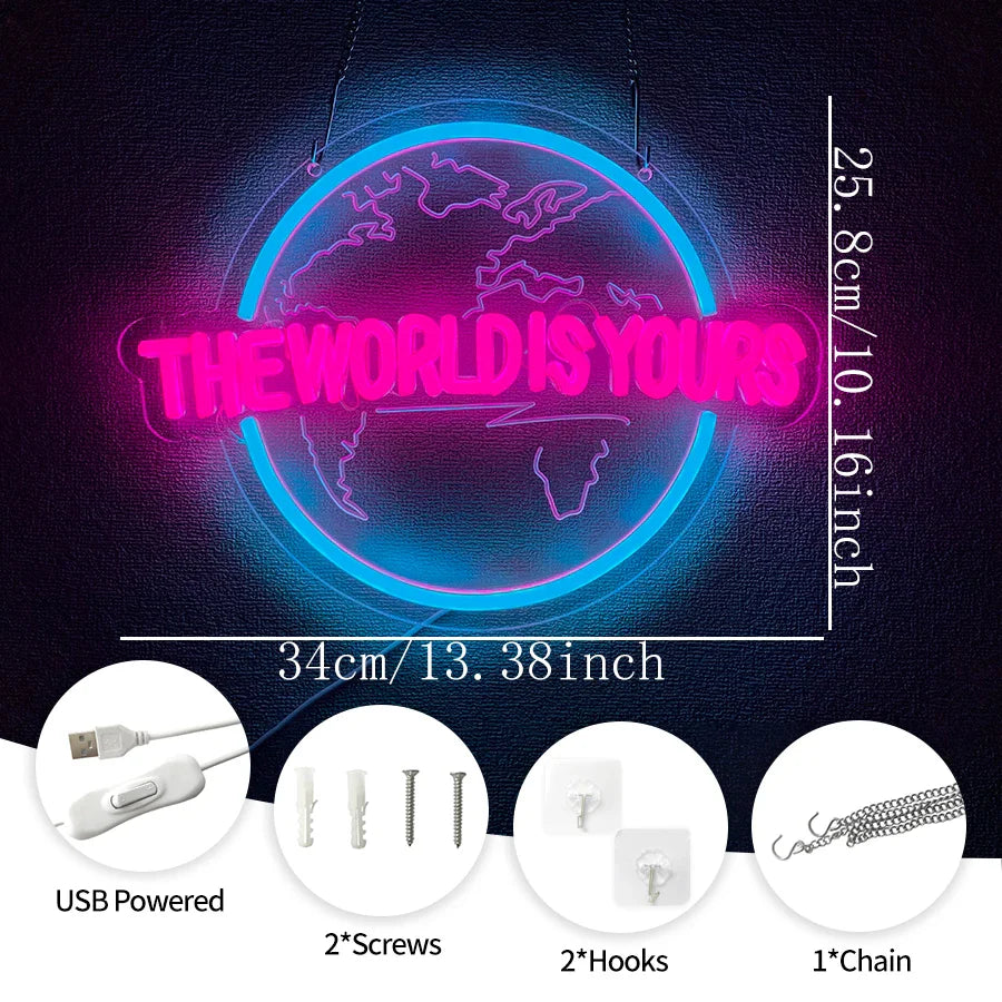 Perfecsy The World Is Yours Led Neon Sign, Earth-Shaped Sign 3D Sculpture, Used For Bedroom, Club And Game Room Decor, Powere