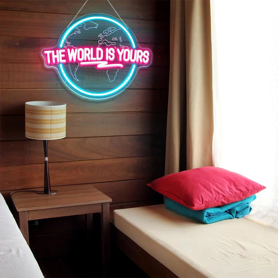 Perfecsy The World Is Yours Led Neon Sign, Earth-Shaped Sign 3D Sculpture, Used For Bedroom, Club And Game Room Decor, Powere