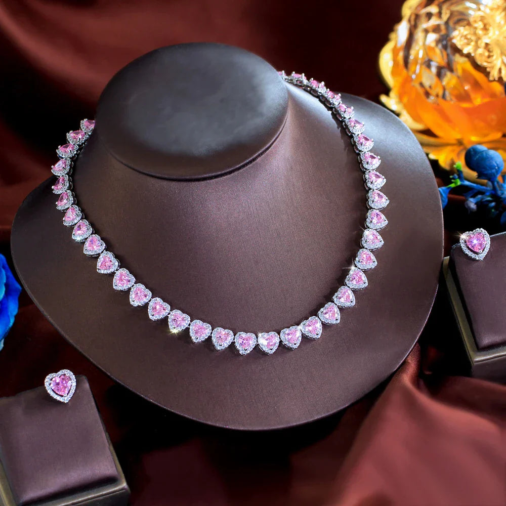 MyClosetAid Pink Cubic Zirconia Big Heart Shape Necklace Earrings Set — main product shot