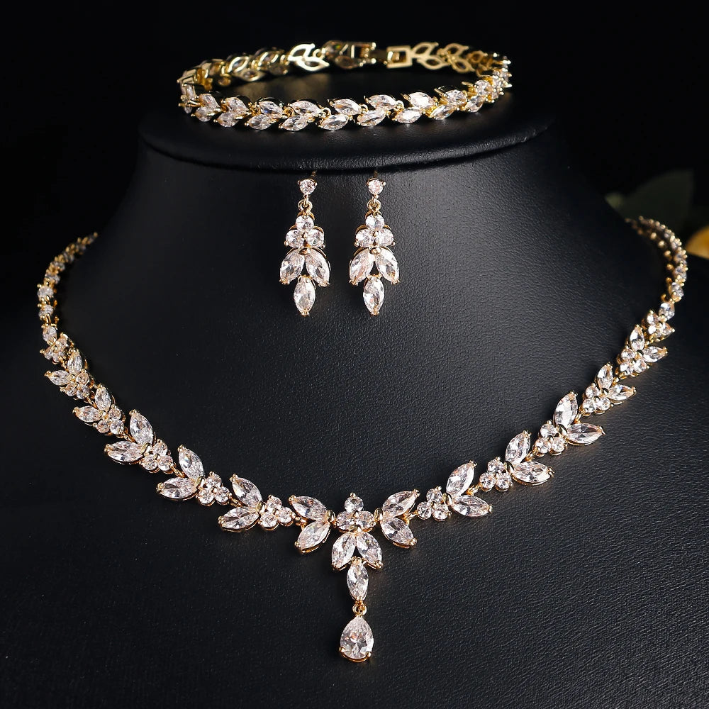 Brilliant Zirconia Leaf Necklace, Earrings & Bracelet Set