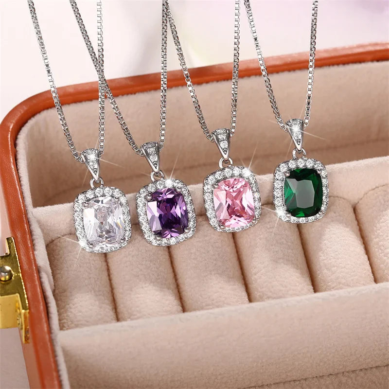 MyClosetAid Cubic Zirconia Pendant Necklace White/Green/Purple/Pink Colors — detail close-up