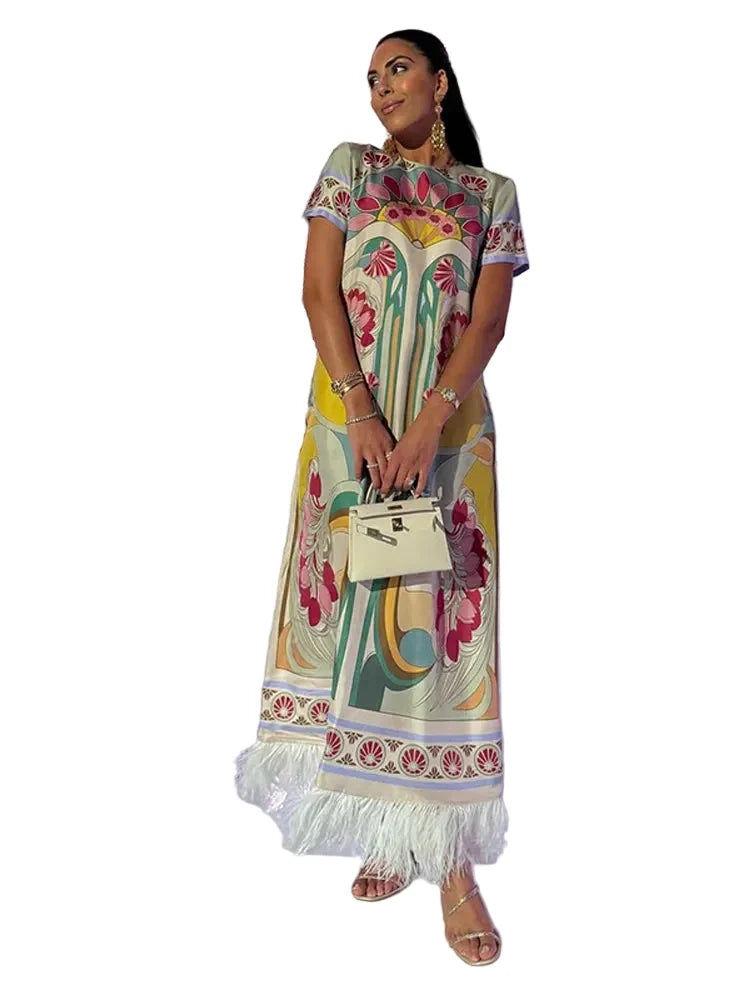 Women Art Floral Print Maxi Dress Short Sleeve Crew Neck