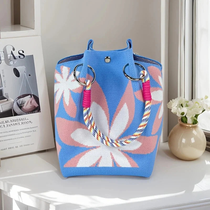 Perfecsy Women's Vintage Floral Knit Tote Bag Storage Bag Lightweight with Adjustable Straps & Metal Rings Snap Closure for C
