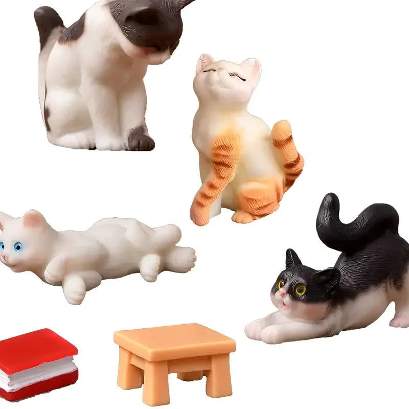 Perfecsy [6pcs Vintage Cat Figurines Decor] 6pcs Vintage Resin Miniature Cat Figurines, Fairy Garden Accessories Tabletop Cra