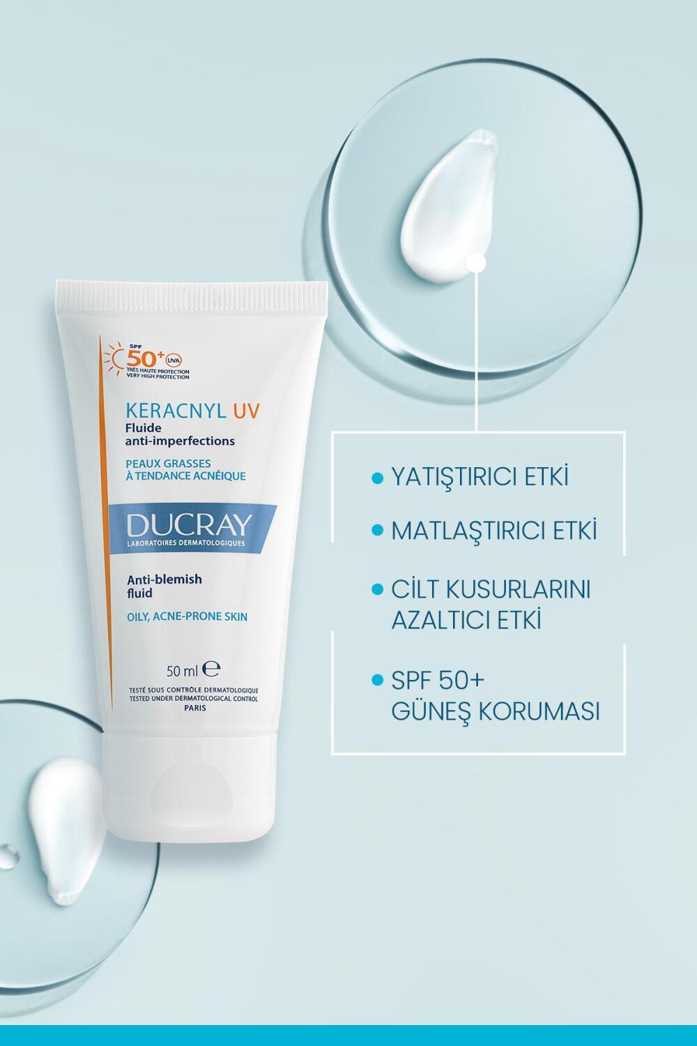 Ducray Keracnyl UV SPF50+ Anti-Blemish Sunscreen Fluid for Acne-Prone Skin - Matte Finish, Non-Comedogenic