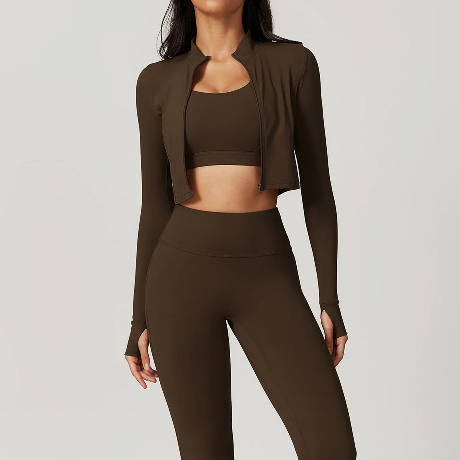 3-Piece Yoga Set Women Long Sleeve Zip Jacket High Waist Leggings