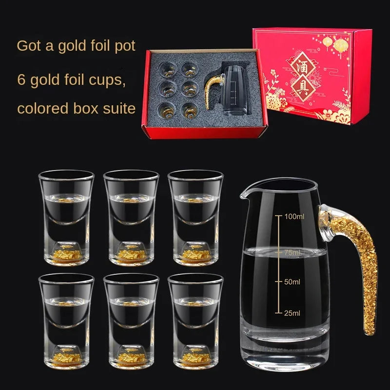 7pcs Set Household Transparent Gold Foil White Wine Glass Dispenser High-grade Chinese Wine Set Phnom Penh Bullet Cup