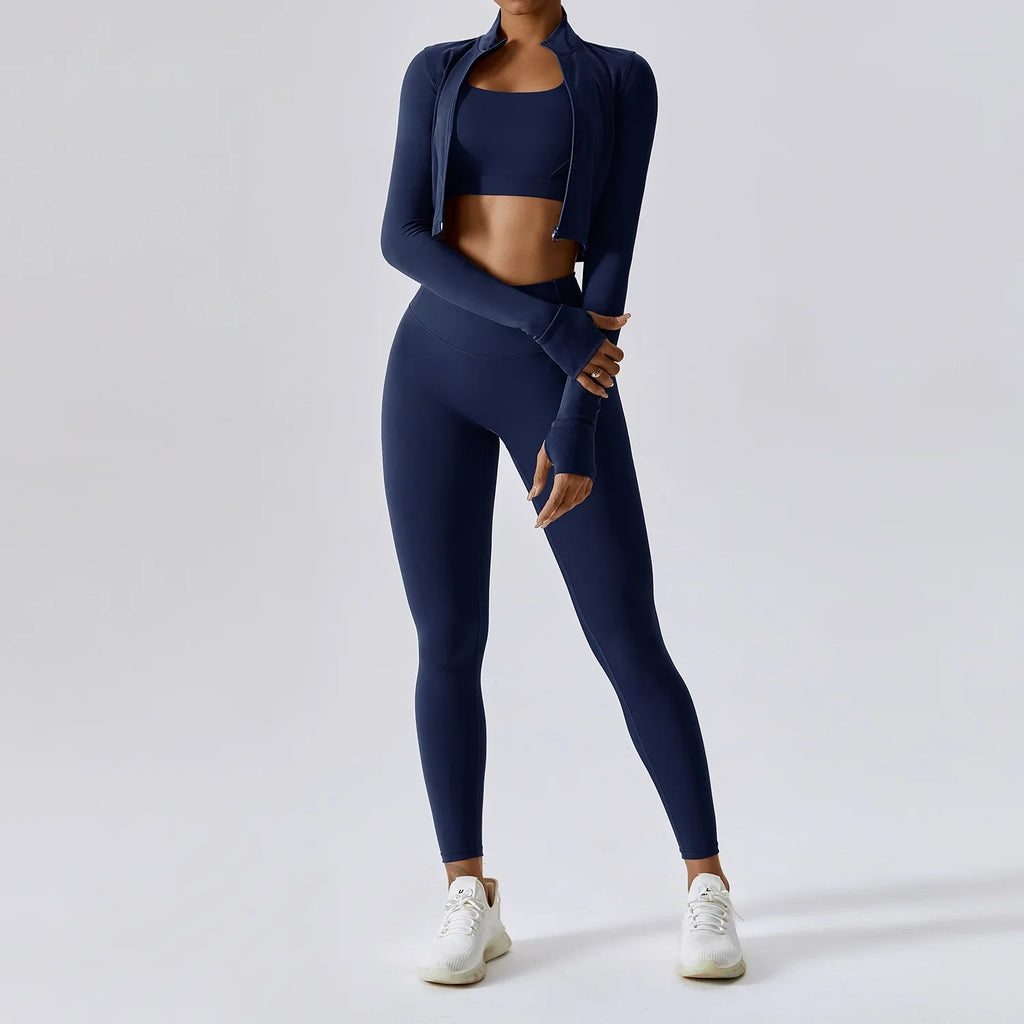 3-Piece Yoga Set Women Long Sleeve Zip Jacket High Waist Leggings