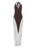 Women's Ruched Elegant Long Dress Halter Backless Contrast Patchwork
