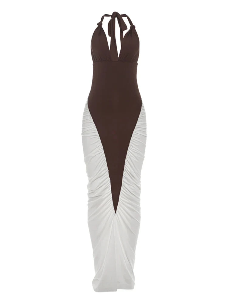 Women's Ruched Elegant Long Dress Halter Backless Contrast Patchwork