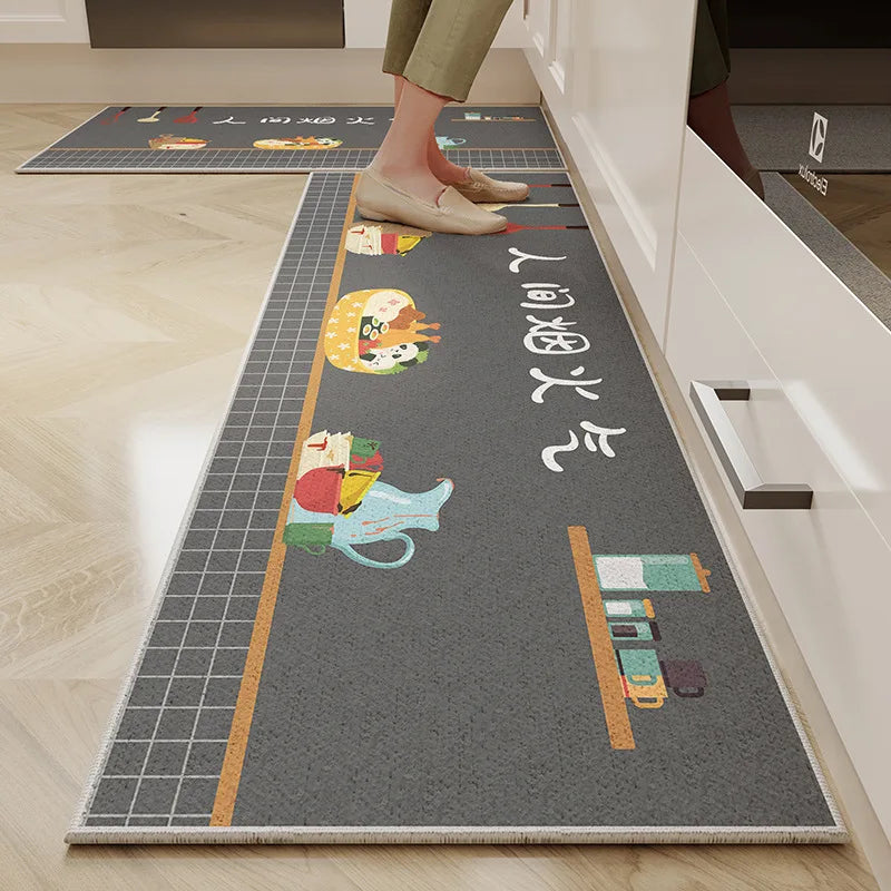 Perfecsy VIKAMA 1/2PC Cartoon Easy To Manage Kitchen Floor Mat Home Long Crystal Velvet Carpet Dirt Resistant and Non-Slip Fl